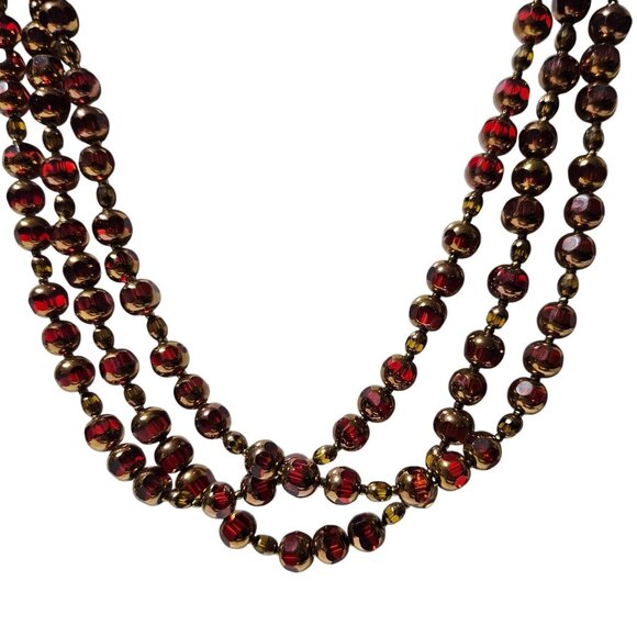 Vintage Triple Strand Red Gold Beaded Necklace Geometric Clasp Retro Fashion - Picture 1 of 6